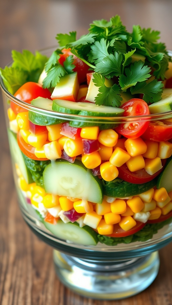 A colorful 7 layer vegan salad with lettuce, tomatoes, cucumbers, chickpeas, avocado, corn, and red onion in a glass bowl.